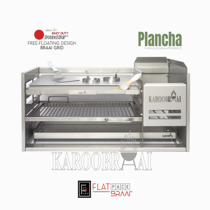 * KarooBraai™ Stainless Steel Plancha & Free-Floating EAZYDuty RoundBar™ Grid Insert Combo with Ember Maker & Ash Pan