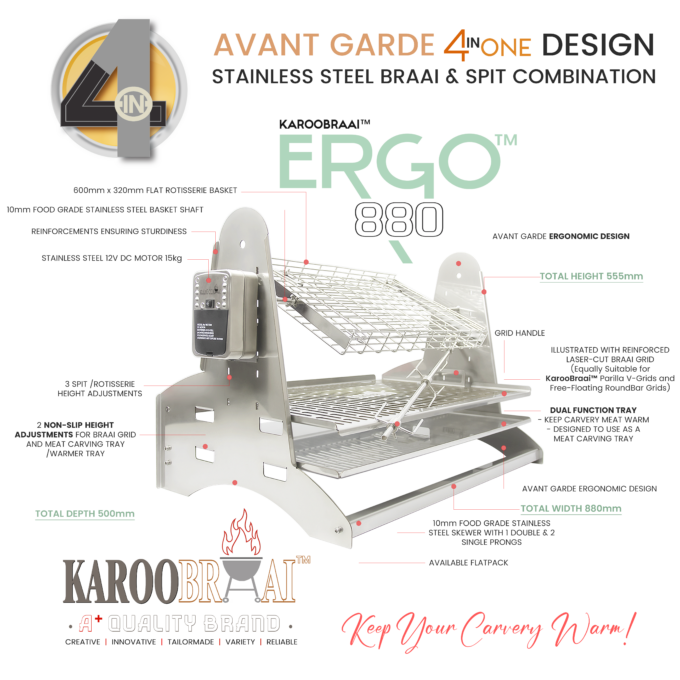 KarooBraai™ Avant Garde ERGO 880 4-IN-ONE Braai & Spit Combination with Carving /Warming Tray