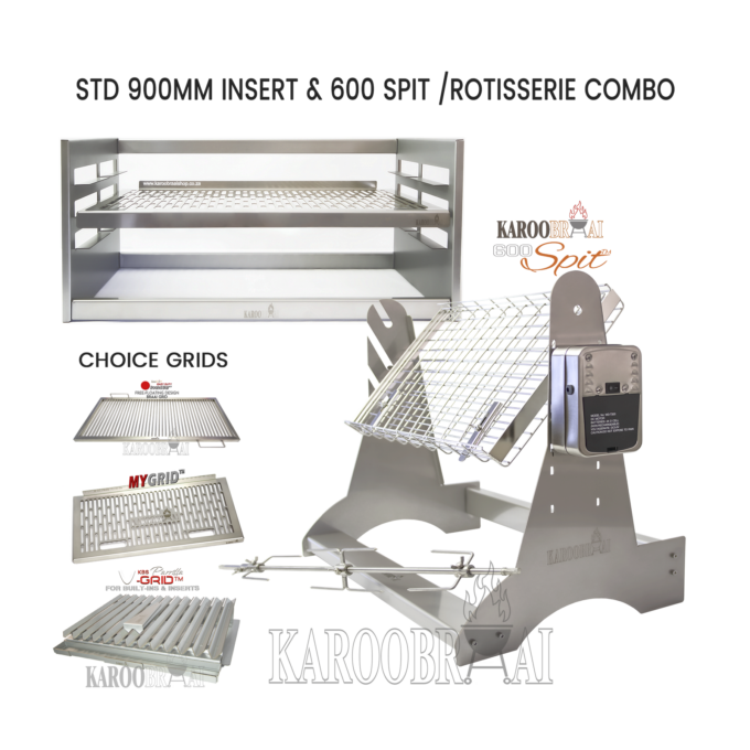KarooBraai™ 900 Standard Insert & 600 Spit Rotisserie Combo with Basket & Traditional Rotisserie Kit