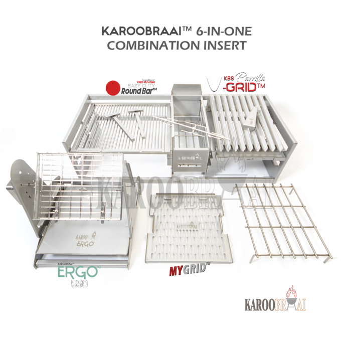 KarooBraai™ 1500mm 6-in-1 Insert with ERGO 550 Rotisserie Combo, V-Grid, Free-Floating RoundBar Grid & Center Fire Starter (with Extras)