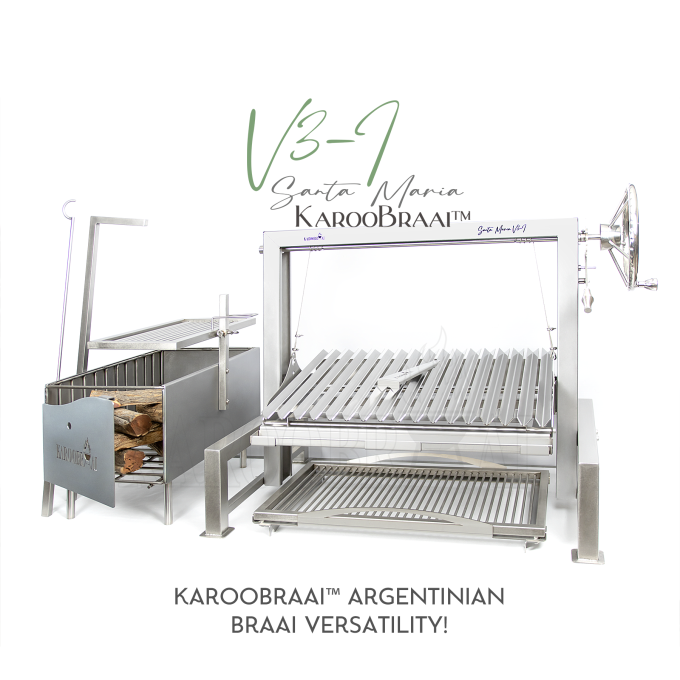 1200mm KarooBraai™ Argentinian Santa Maria V3-I with Side Brasero, GAUCHOgrid™ & Rotisserie