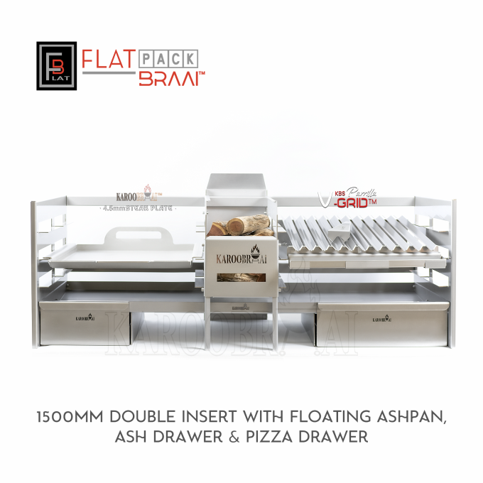 * KarooBraai™ 1500mm DOUBLE INSERT WITH FLOATING ASH PAN, ASH DRAWER & PIZZA DRAWER